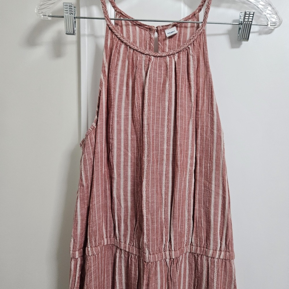Old Navy Maxi Dress Women Lg Red Striped Halter Neck Linen Blend Tiered Boho‎ - Picture 5 of 9